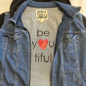 Peace Love World Womens Cotton Hooded Button Up Denim Jacket Blue Size L